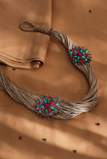 Stone Work Flower Design Jute Necklace